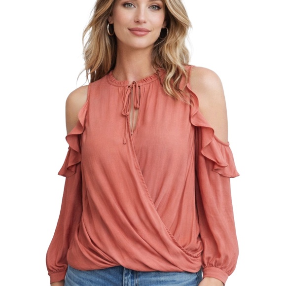 Anthropologie Tops - Anthropologie Maeve Long sleeve Cold shoulder wrap blouse in coral, size XS